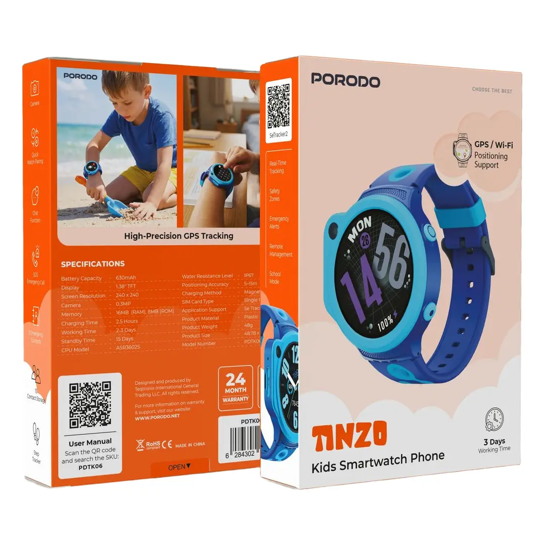 Porodo Tinzo Kids Smart Watch with 4G SIM and Video Call (PDTK06BL)