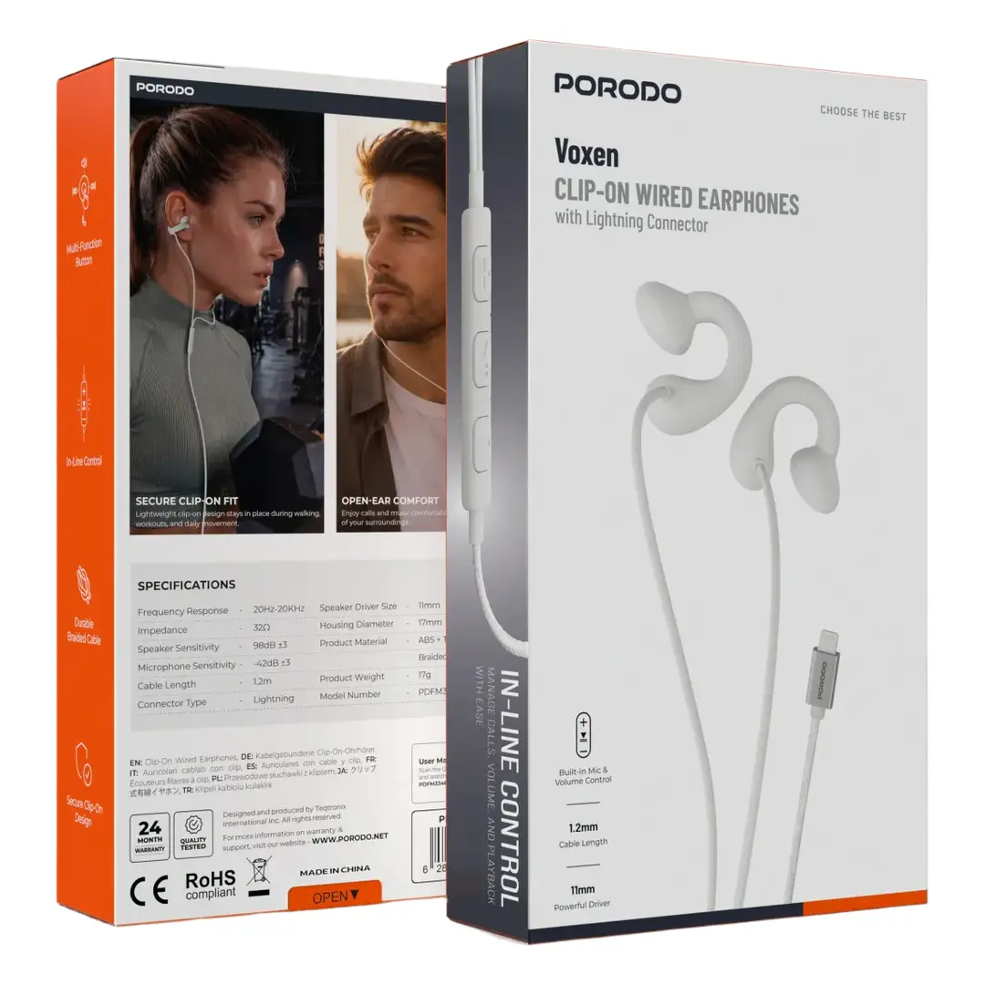 Porodo Voxes Clip-On Wired Earphones (Lightning) - White