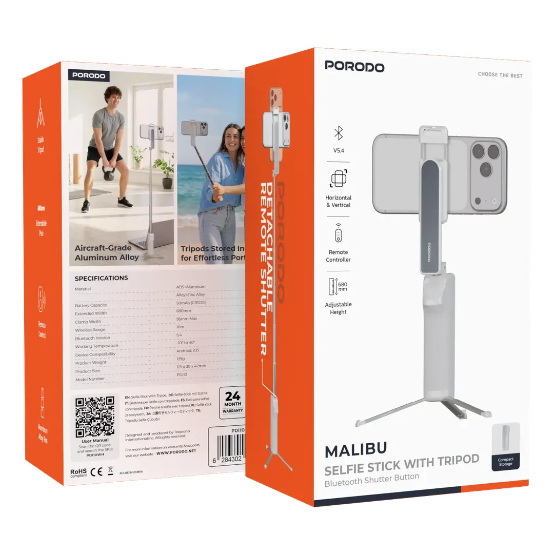 Porodo Malibu Selfie Stick with Tripod and BT Shutter Button - White
