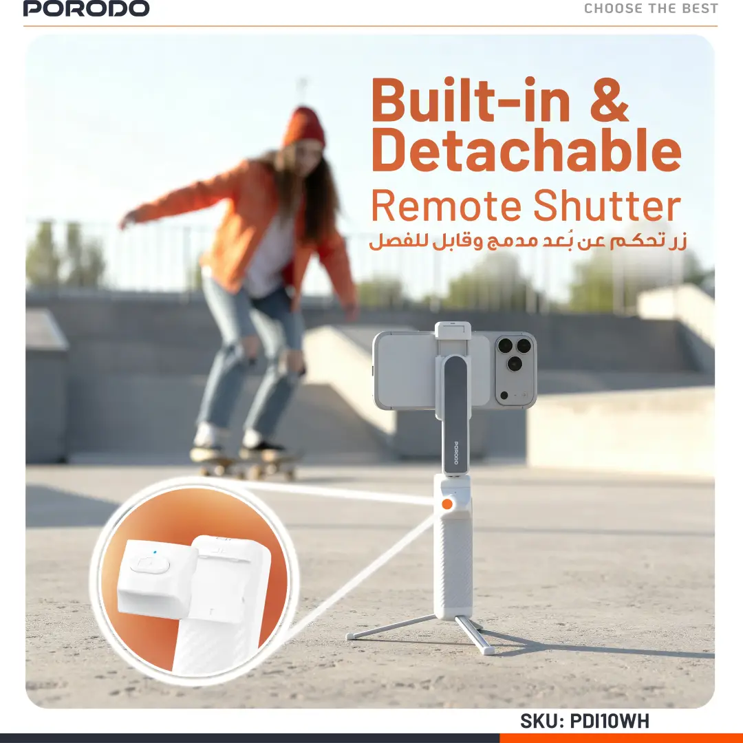 Porodo Malibu Selfie Stick with Tripod and BT Shutter Button - White