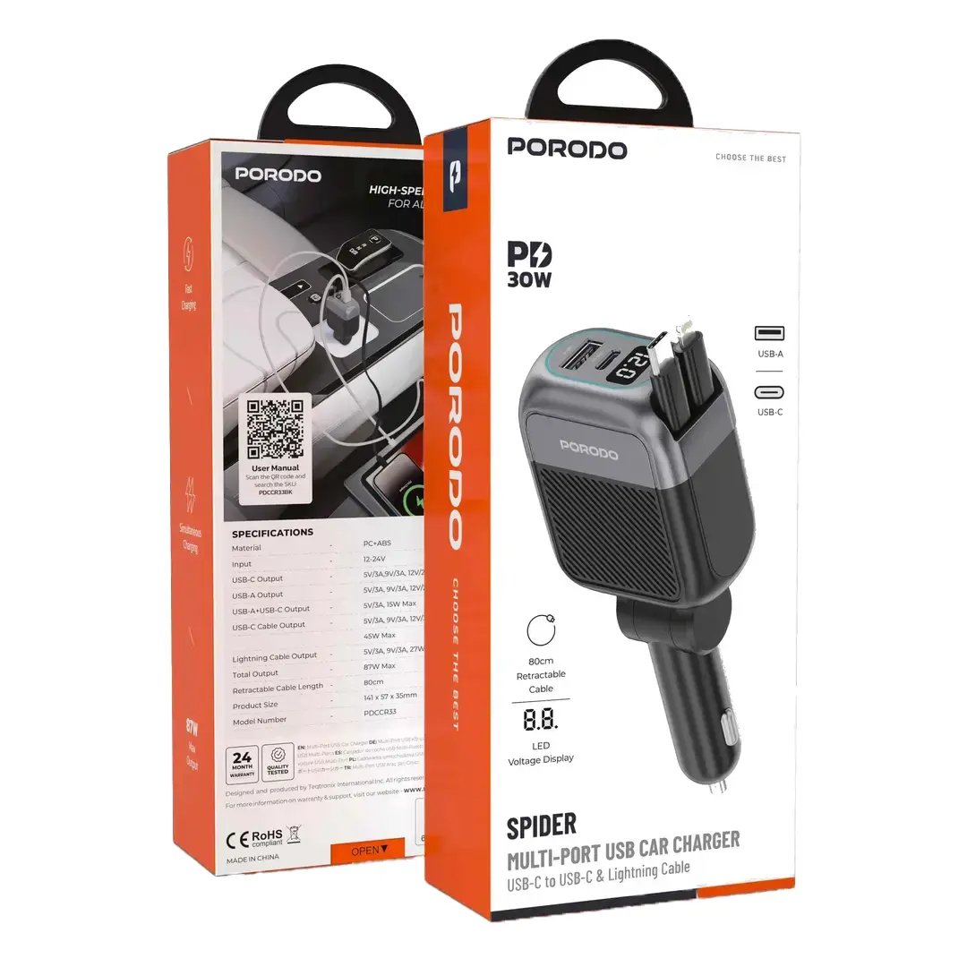 Porodo Spider Multi-Port Car Charger 105W, Retractable Type-C & Lightning, Black