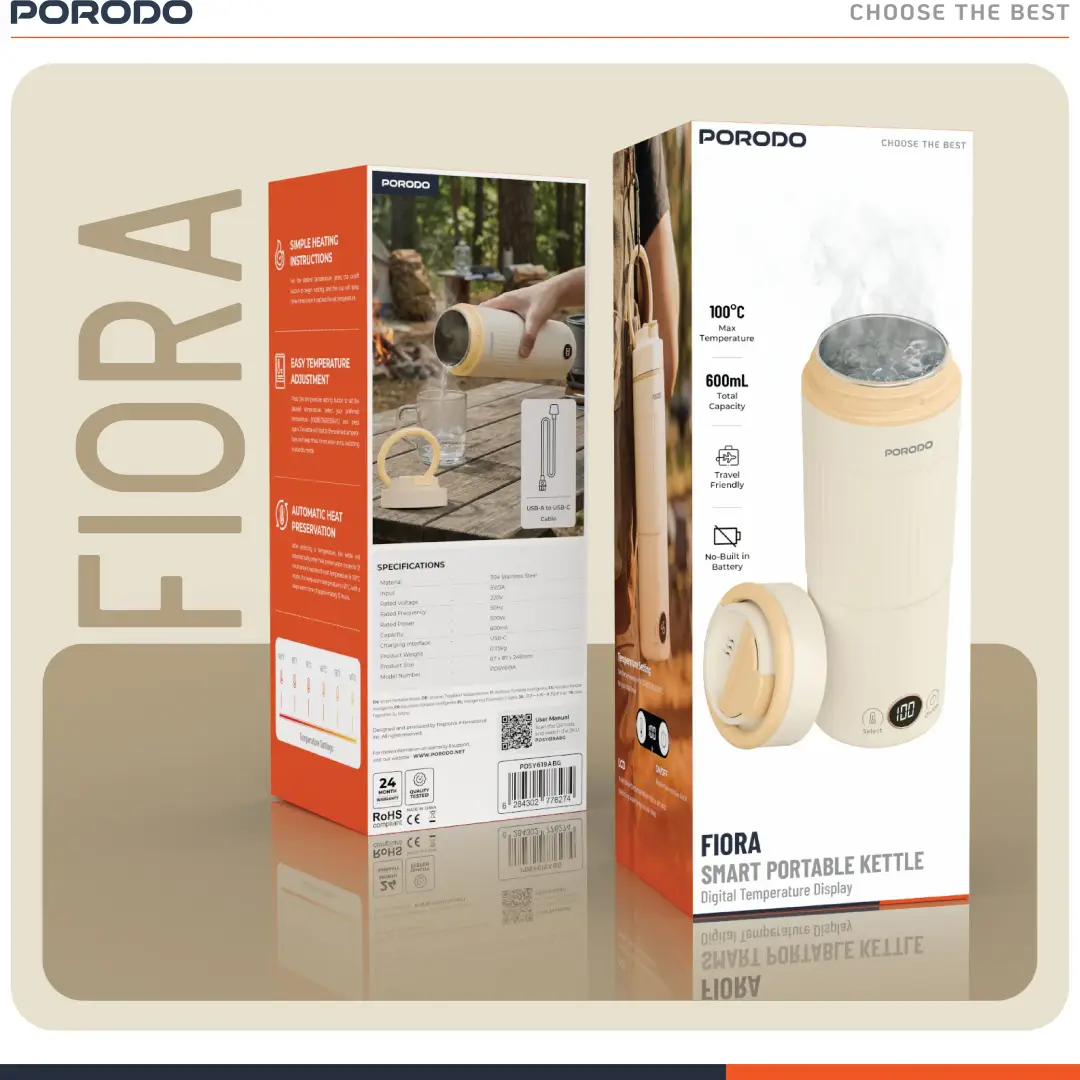 Porodo Flora Smart Portable Kettle 600ml 500W - Beige
