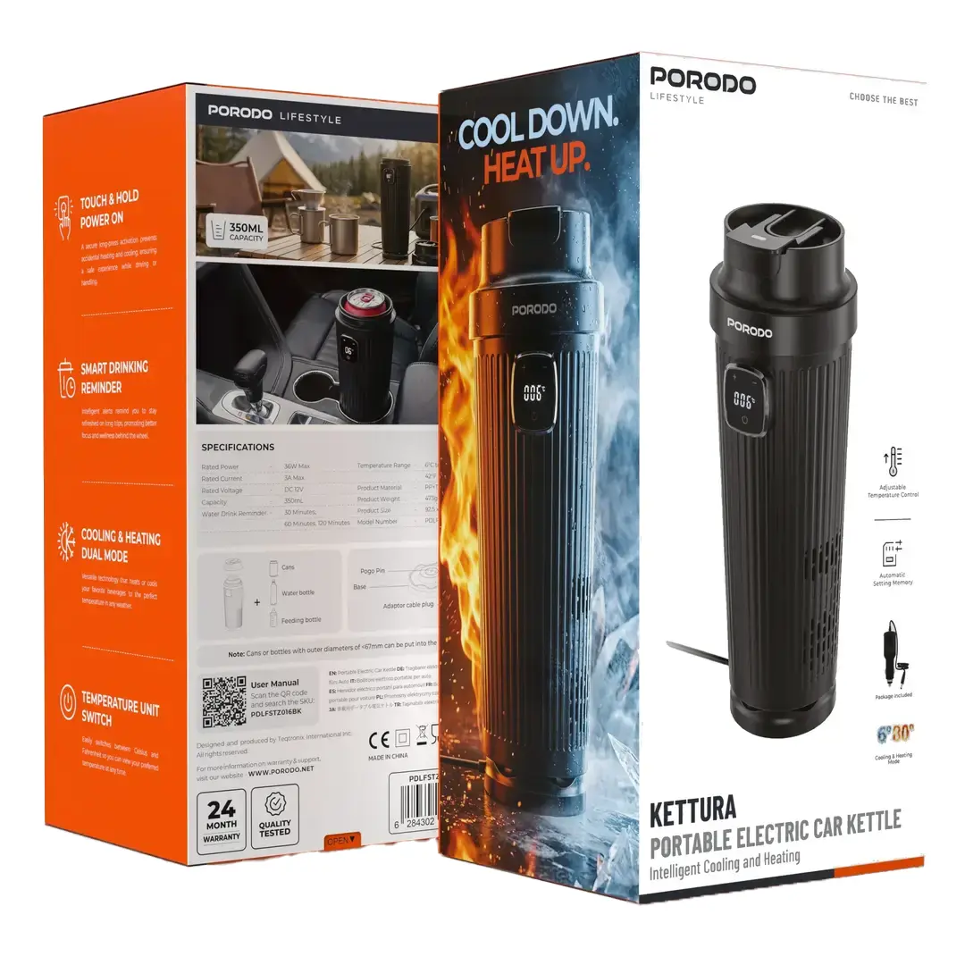 Porodo Kettura Portable Hot & Cold Car Kettle, 350mL, Black