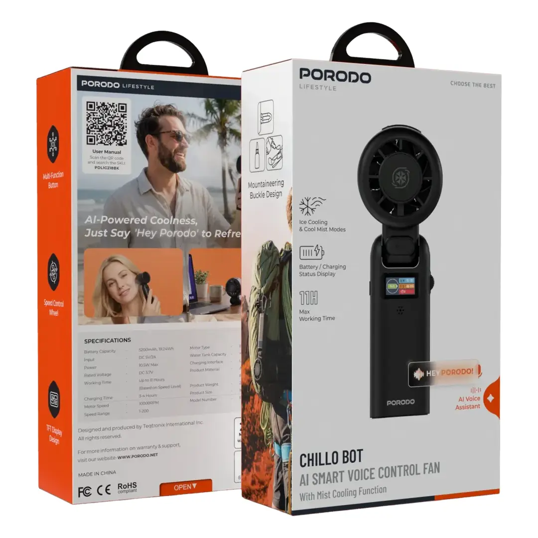 Porodo Lifestyle Chillo Bot AI Smart Voice Control Fan, Black