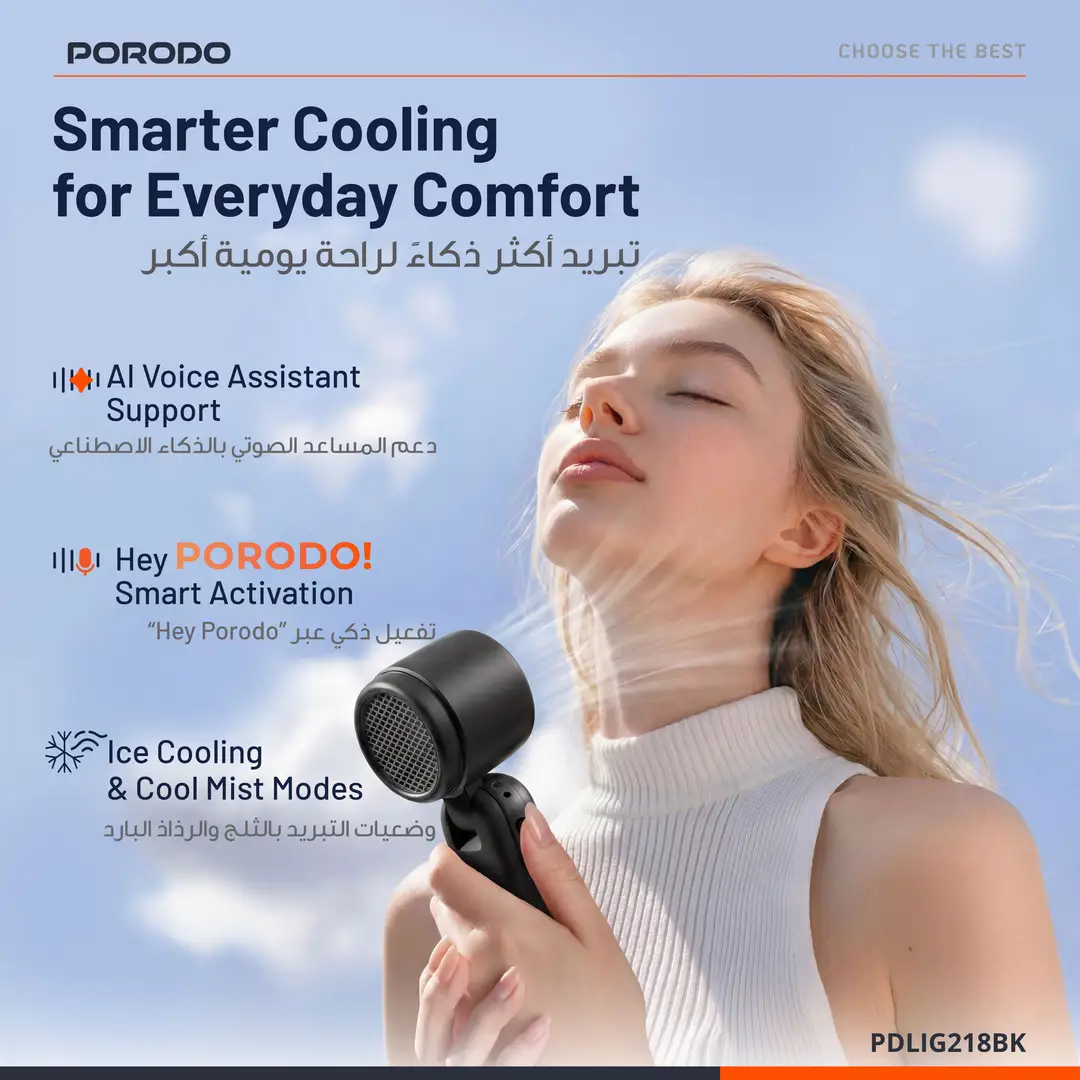 Porodo Lifestyle Chillo Bot AI Smart Voice Control Fan, Black