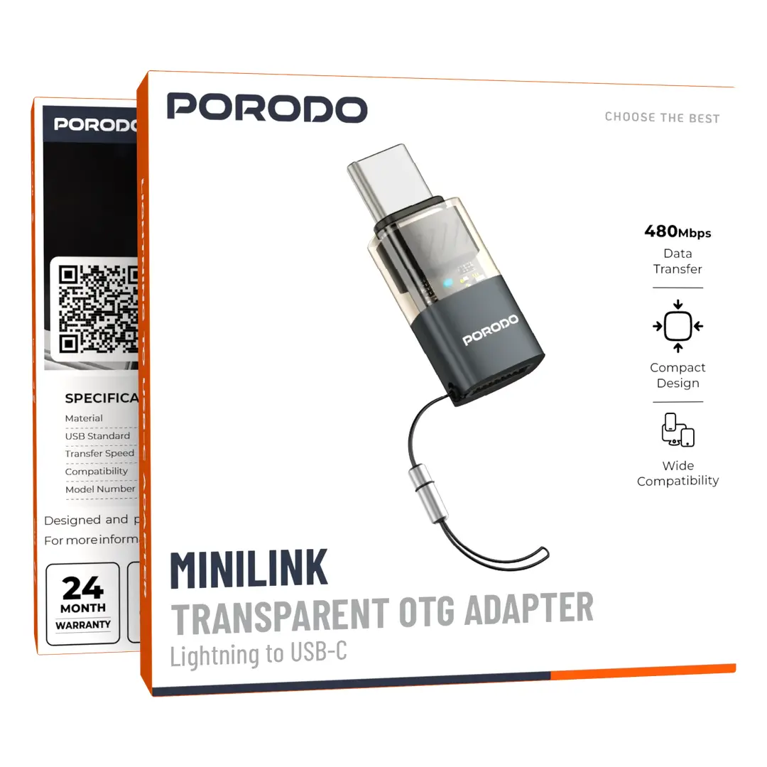 Porodo MiniLink Transparent OTG Adapter Lightning to USB-C