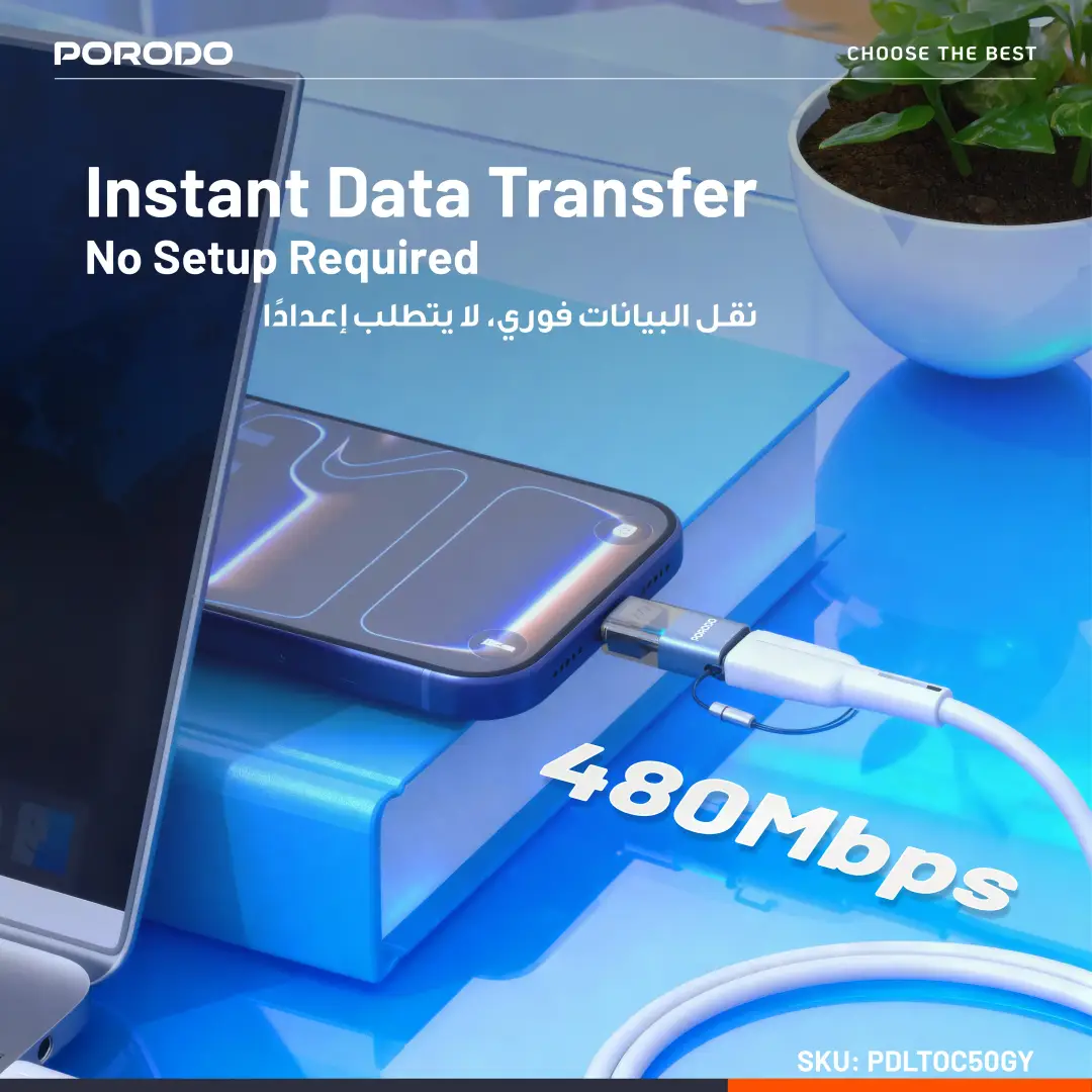 Porodo MiniLink Transparent OTG Adapter Lightning to USB-C