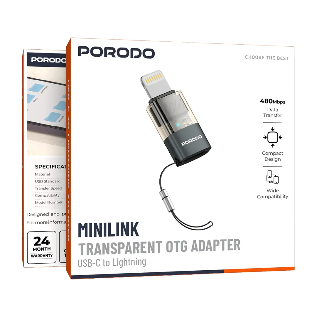 Porodo MiniLink Transparent OTG Adapter USB-C to Lightning