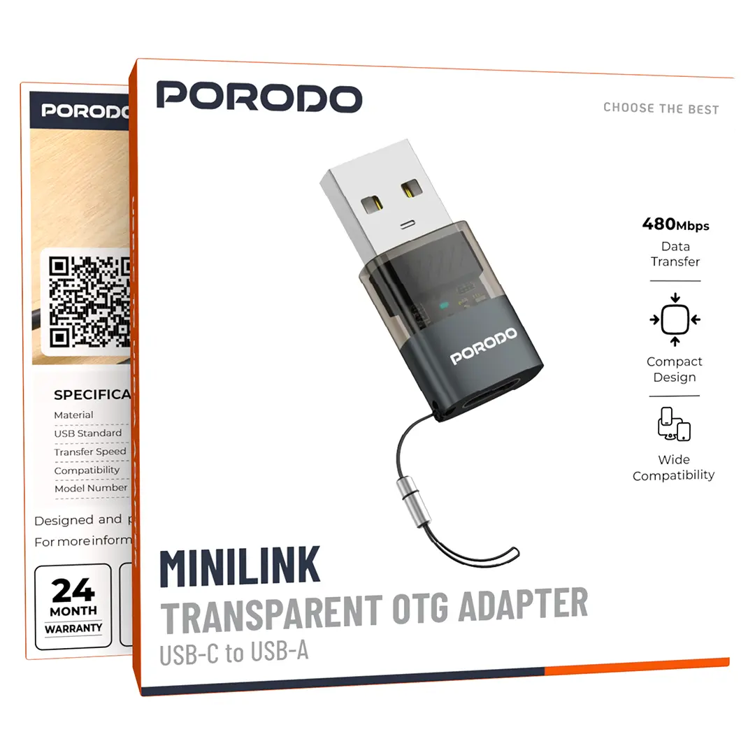 Porodo MINILINK Transparent OTG Adapter USB-C to USB-A - Grey