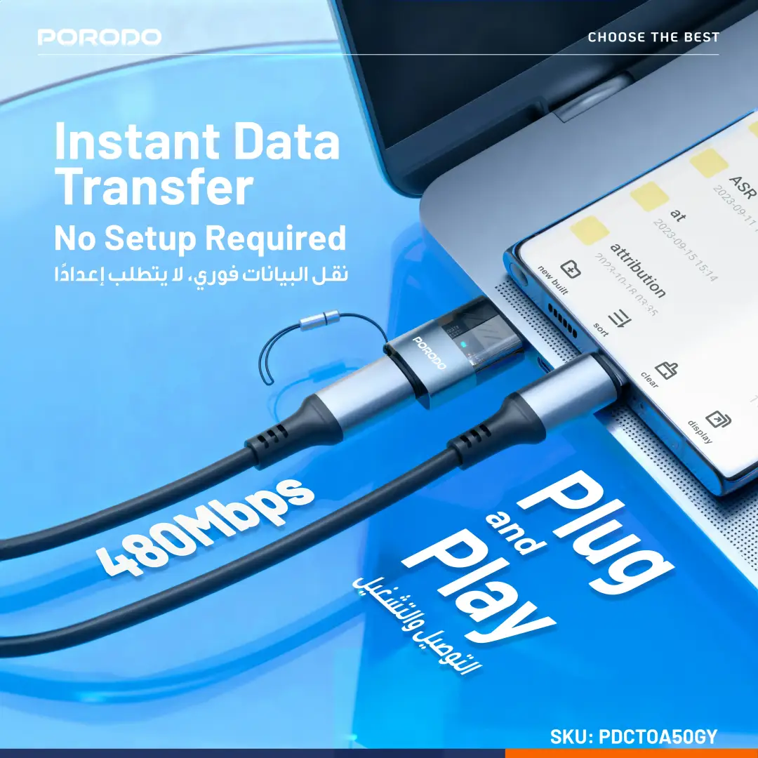 Porodo MINILINK Transparent OTG Adapter USB-C to USB-A - Grey