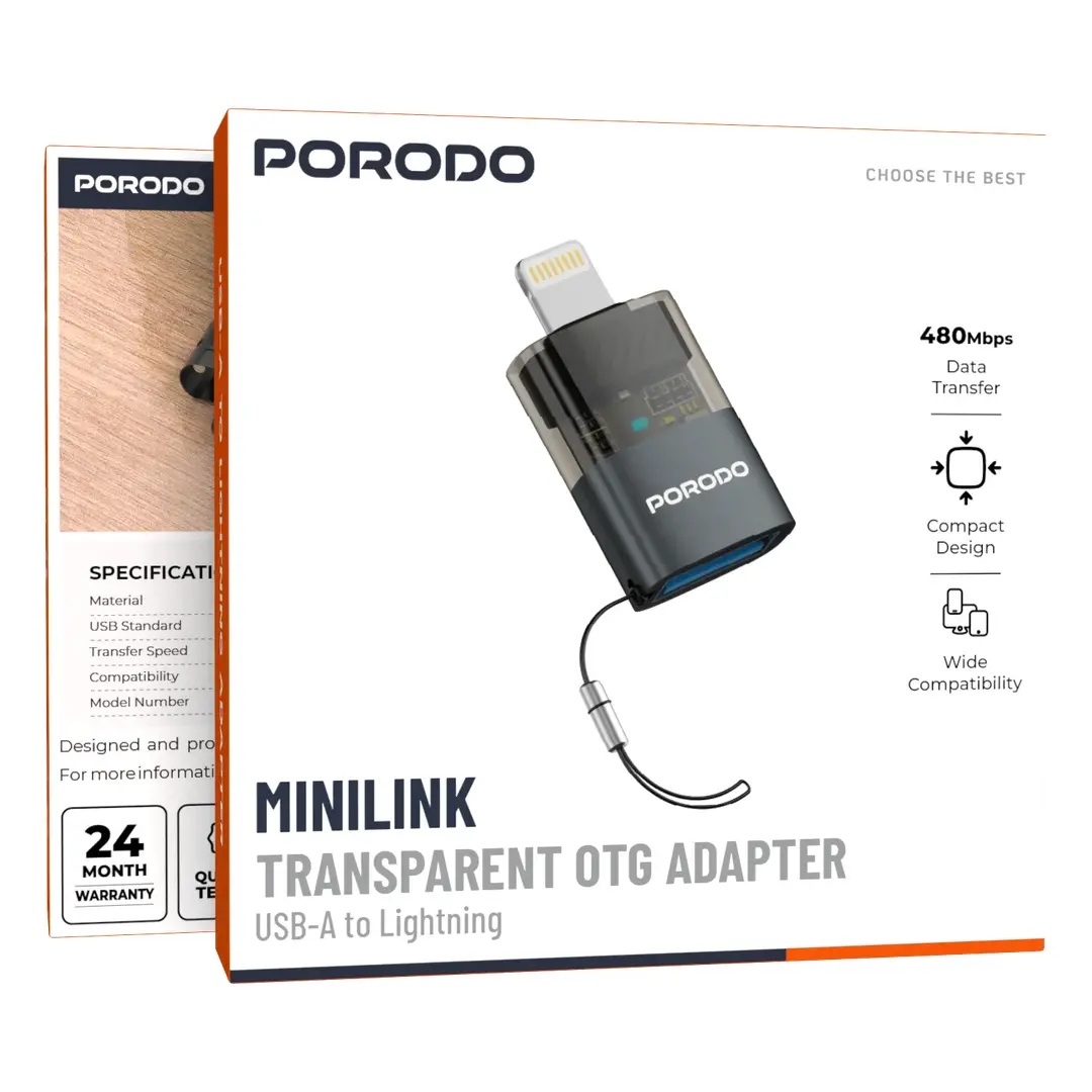 Porodo MiniLink Transparent OTG Adapter USB-A to Lightning