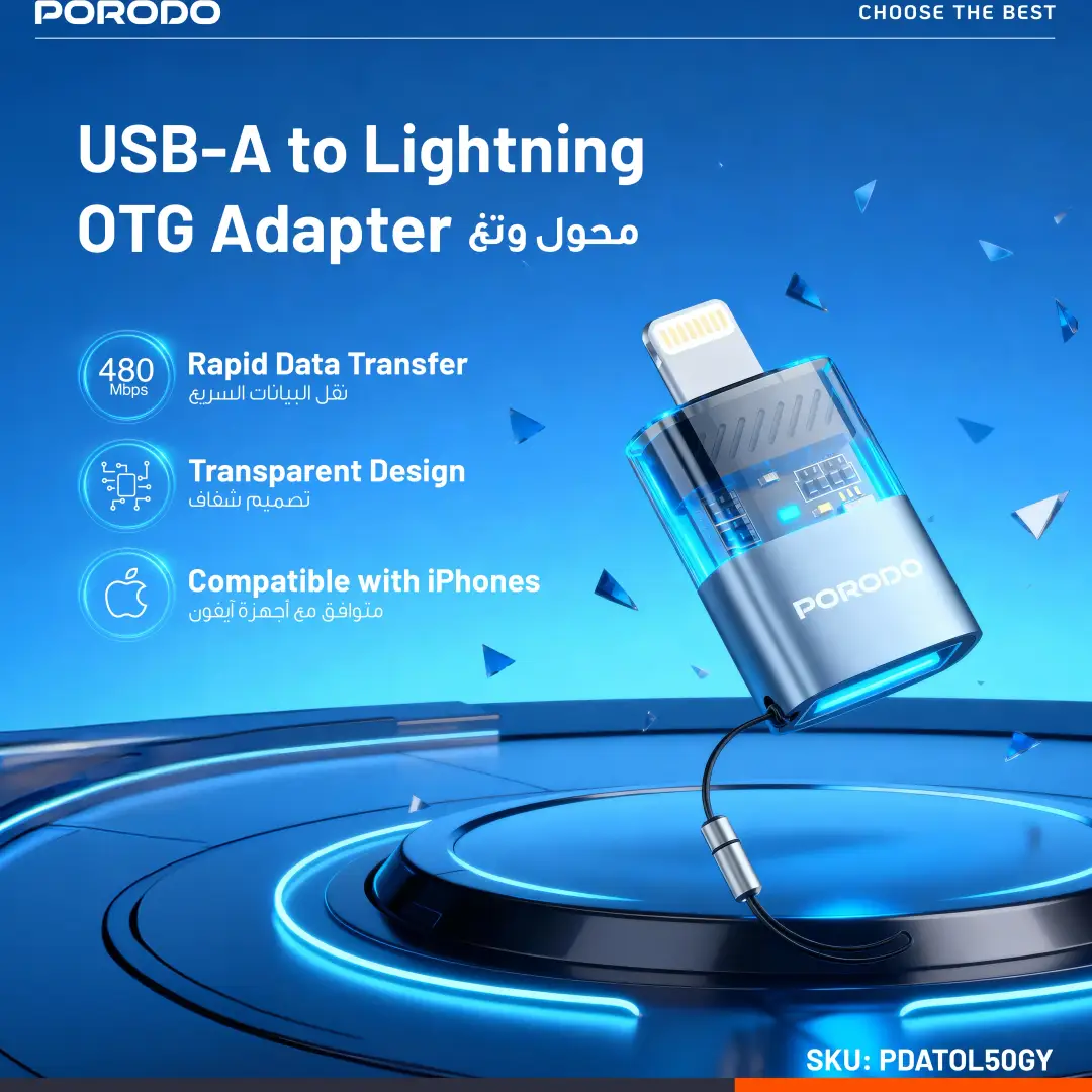 Porodo MiniLink Transparent OTG Adapter USB-A to Lightning