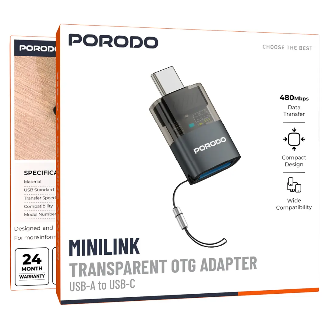 Porodo MiniLink Transparent OTG Adapter USB-A to USB-C