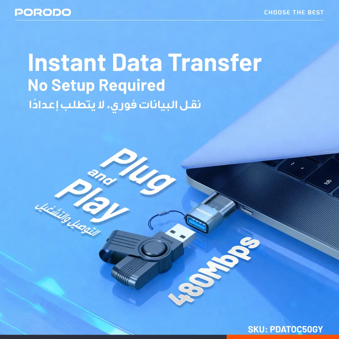 Porodo MiniLink Transparent OTG Adapter USB-A to USB-C