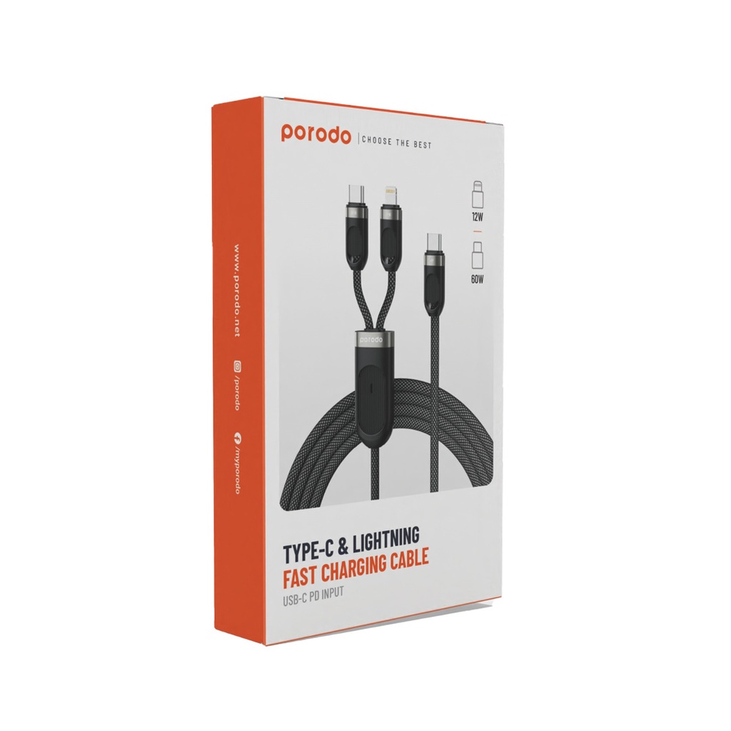 Porodo Type-C & Lightning Fast Charging Cable - Black