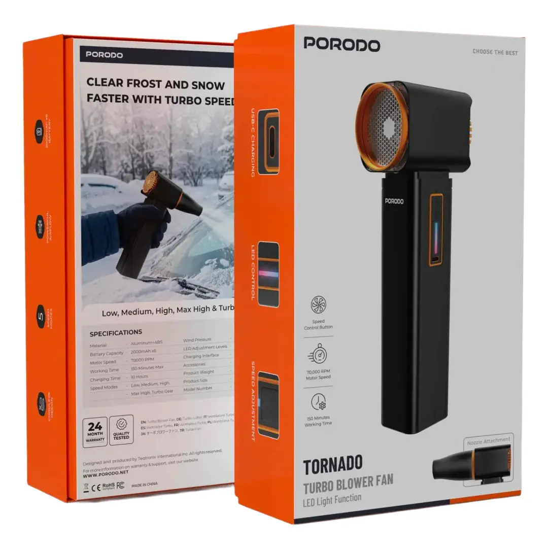 Porodo Tornado Turbo Blower Fan 12000mAh with LED - Black