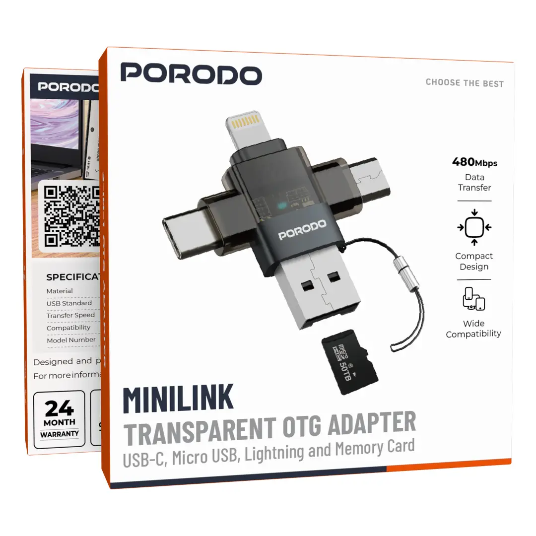 Porodo MINILINK Transparent 3-in-1 OTG Adapter - Grey