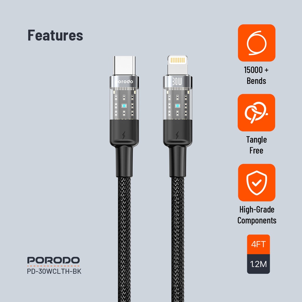 Porodo Braided 30W PD C to Lightning Fast Charging Cable with Transparent Head 1.2M 