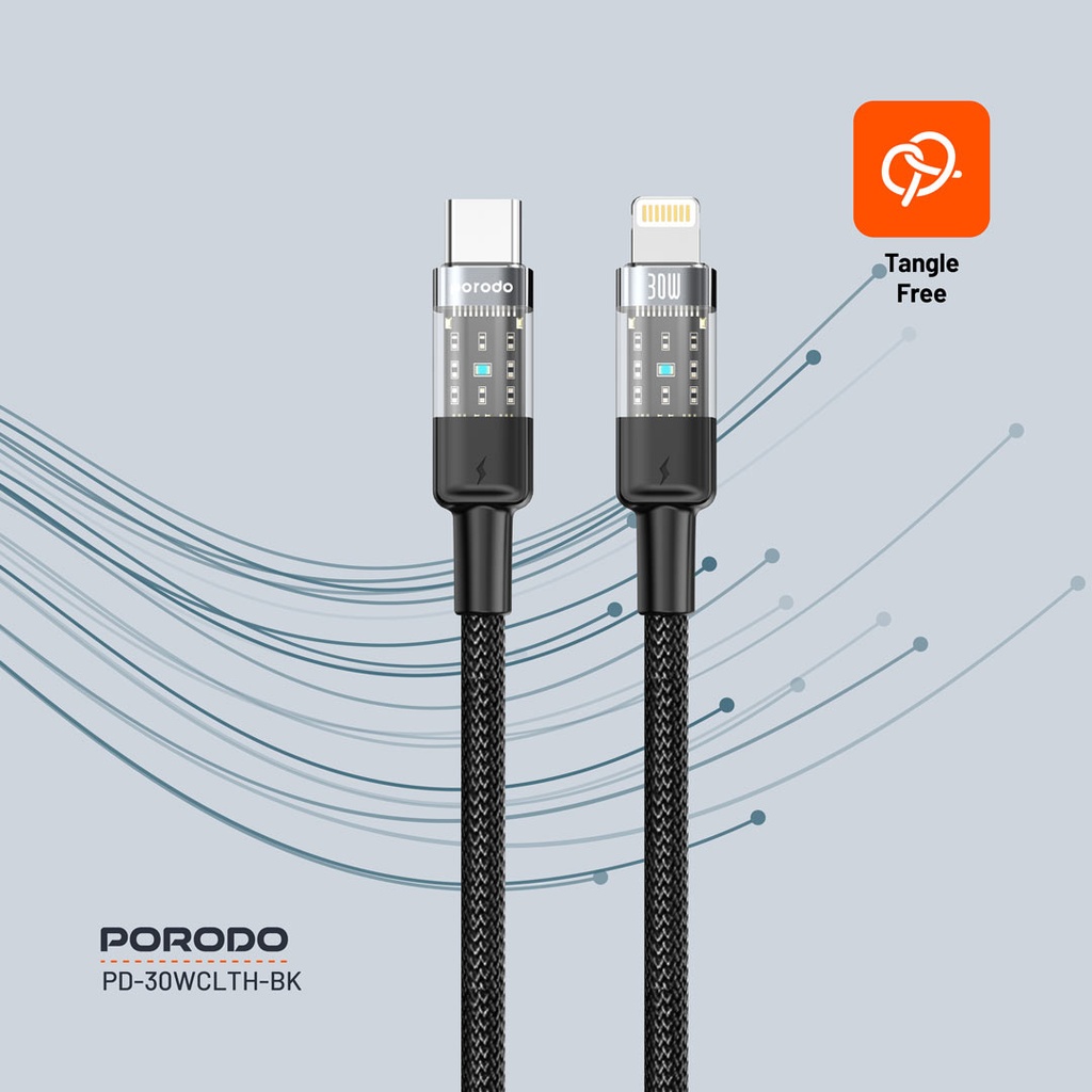 Porodo Braided 30W PD C to Lightning Fast Charging Cable with Transparent Head 1.2M 