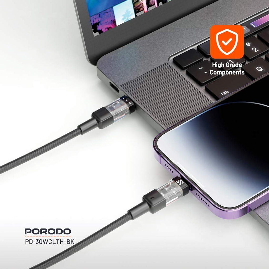 Porodo Braided 30W PD C to Lightning Fast Charging Cable with Transparent Head 1.2M 