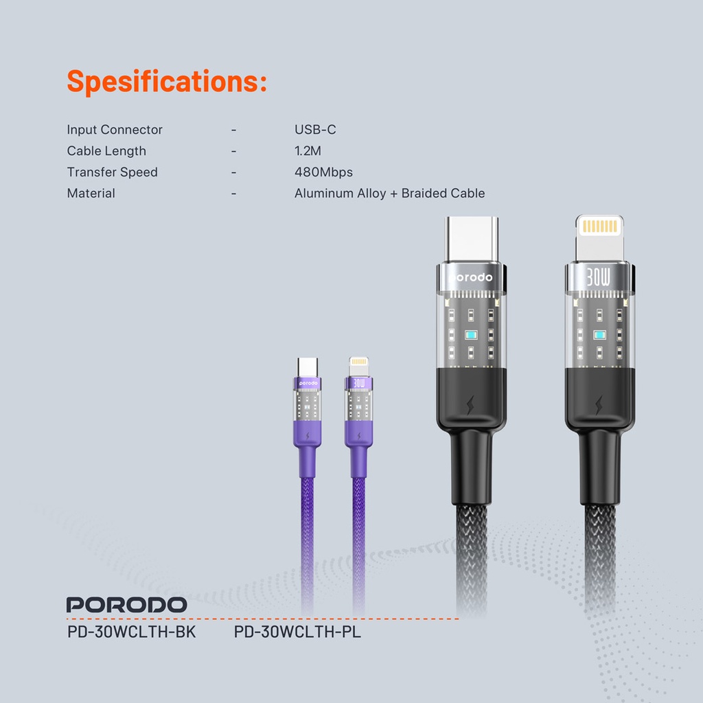 Porodo Braided 30W PD C to Lightning Fast Charging Cable with Transparent Head 1.2M 