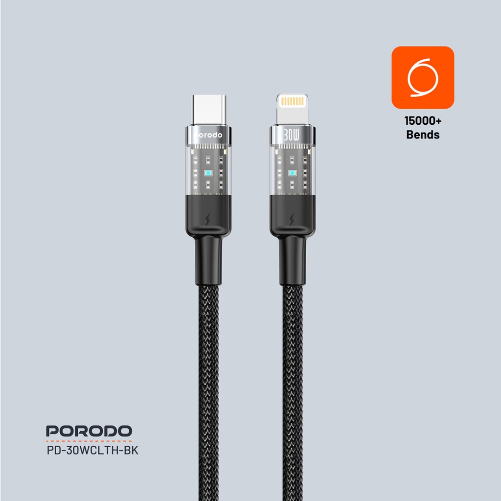 Porodo Braided 30W PD C to Lightning Fast Charging Cable with Transparent Head 1.2M 