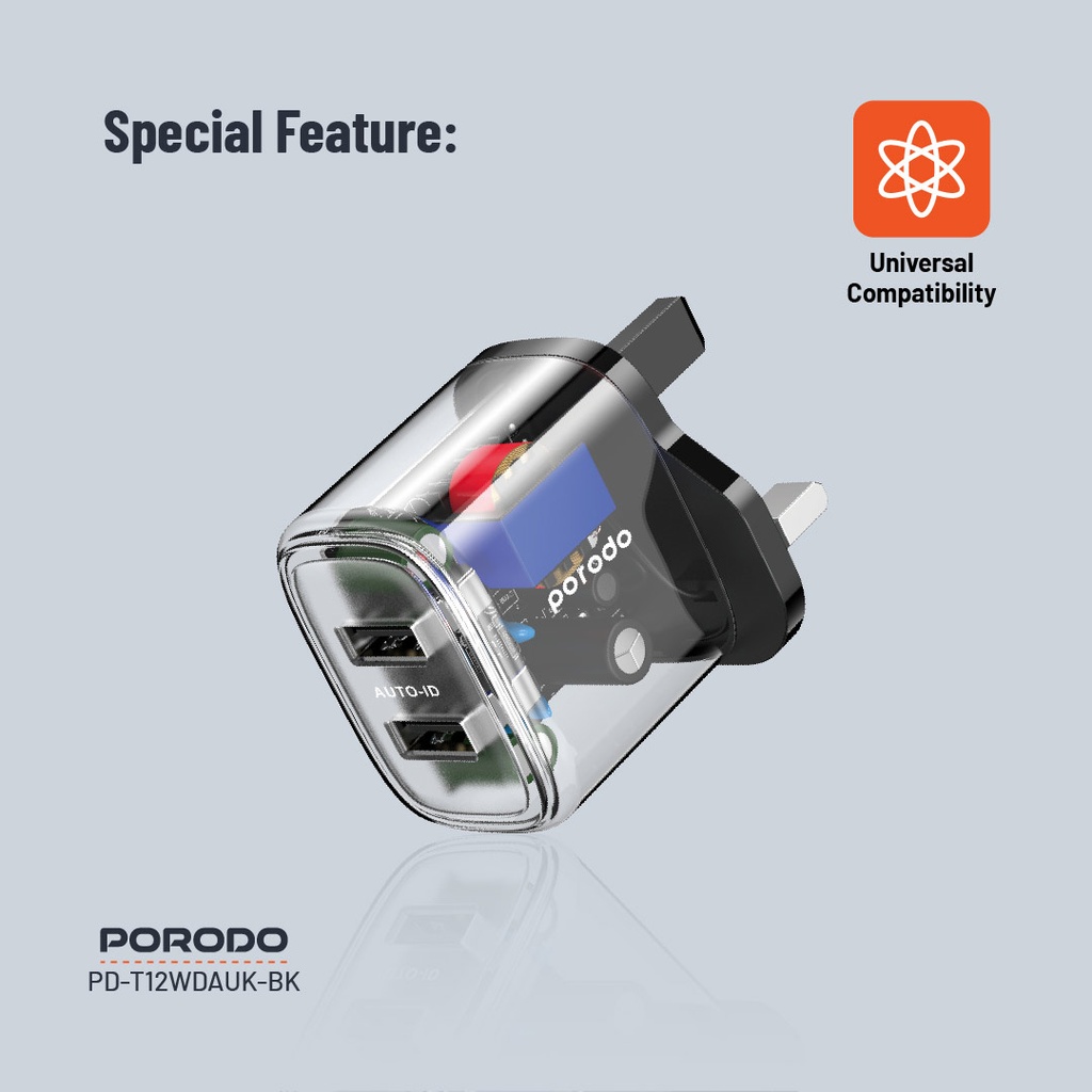 Porodo Dual Output Transparent Charger 2.4A UK - Black