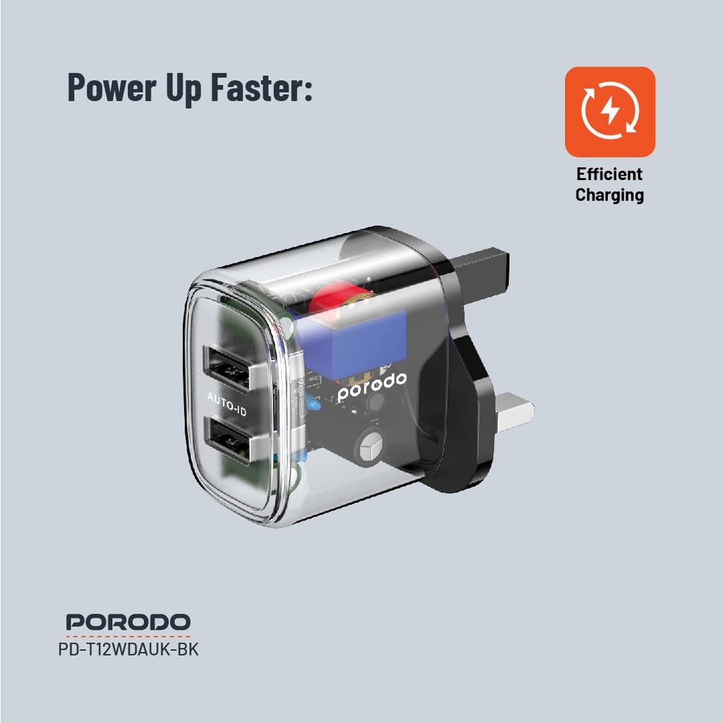 Porodo Dual Output Transparent Charger 2.4A UK - Black