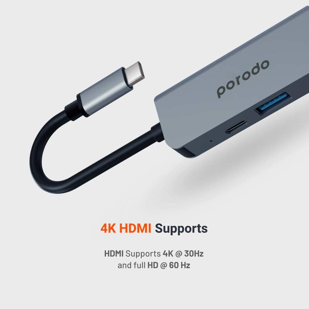 Porodo USB-C HUB, USB C to HDMI 4K Multiport Adapter, 3 in 1 Hub with USB 2.0