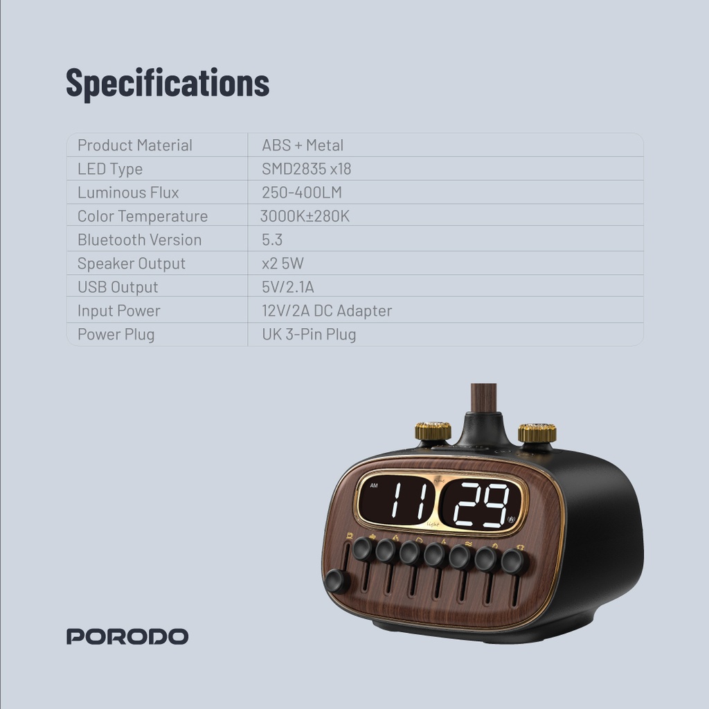 Porodo Lifestyle Retro Desk Lamp with White Noise and Bluetooth Speaker - Black