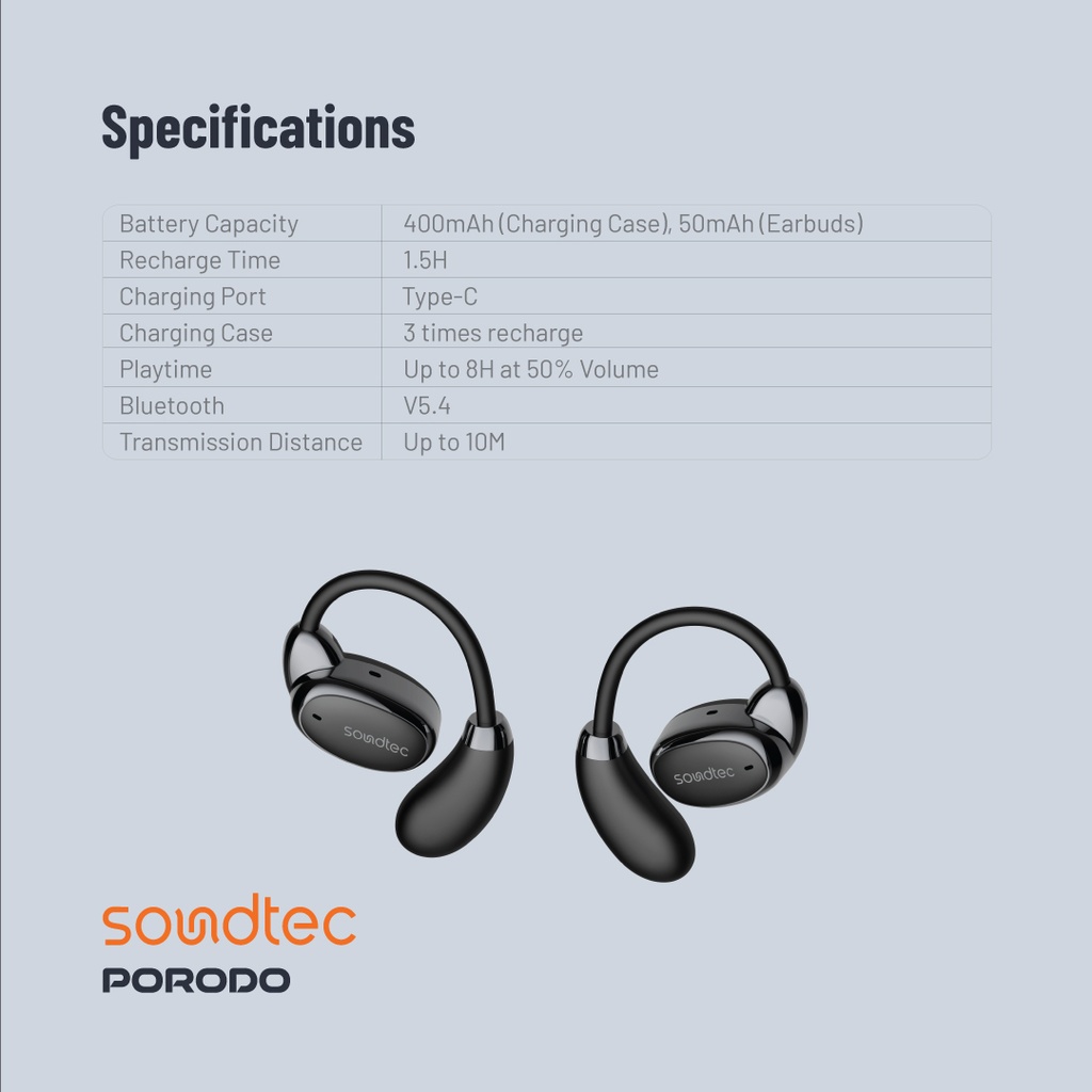 Porodo Soundtec Aero Tune Open Wearable Earbuds - Black