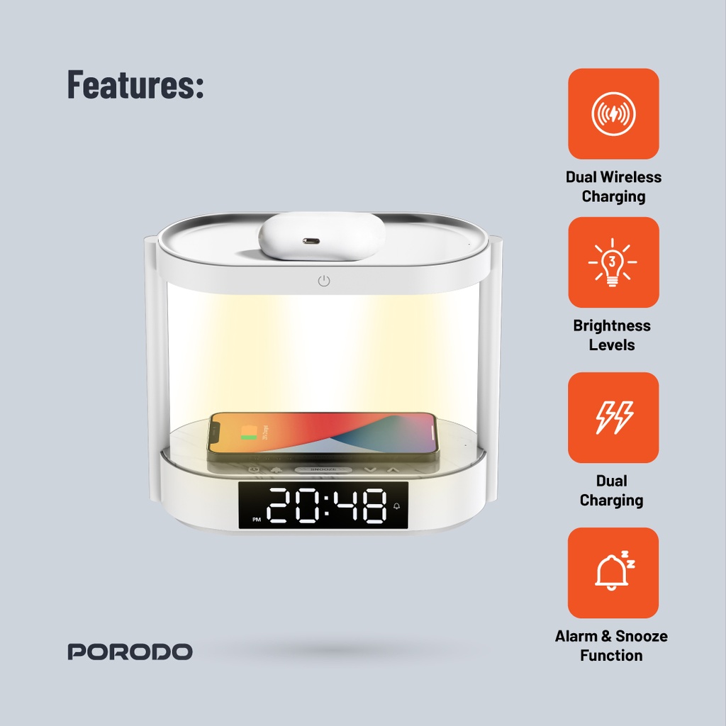 Porodo Bedside Lamp with Wireless Charger and Digital Clock - White