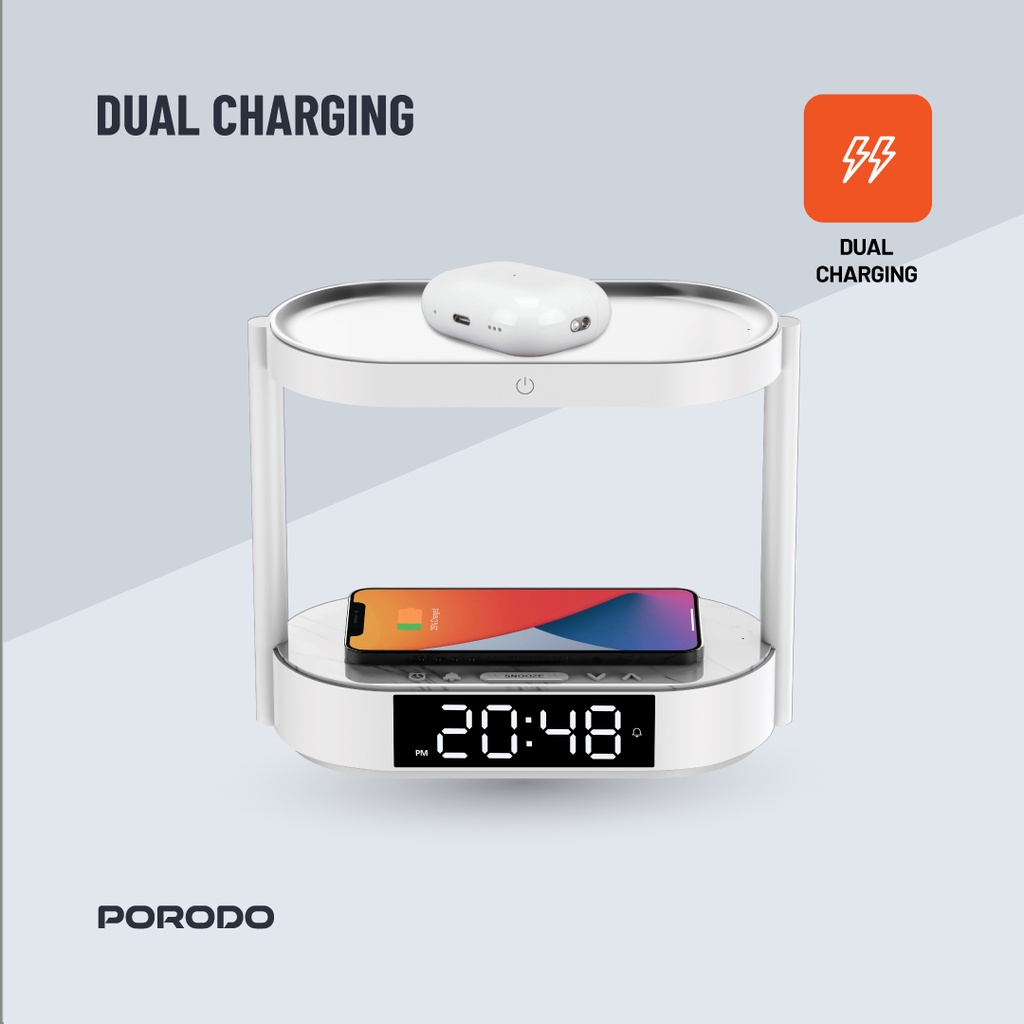 Porodo Bedside Lamp with Wireless Charger and Digital Clock - White