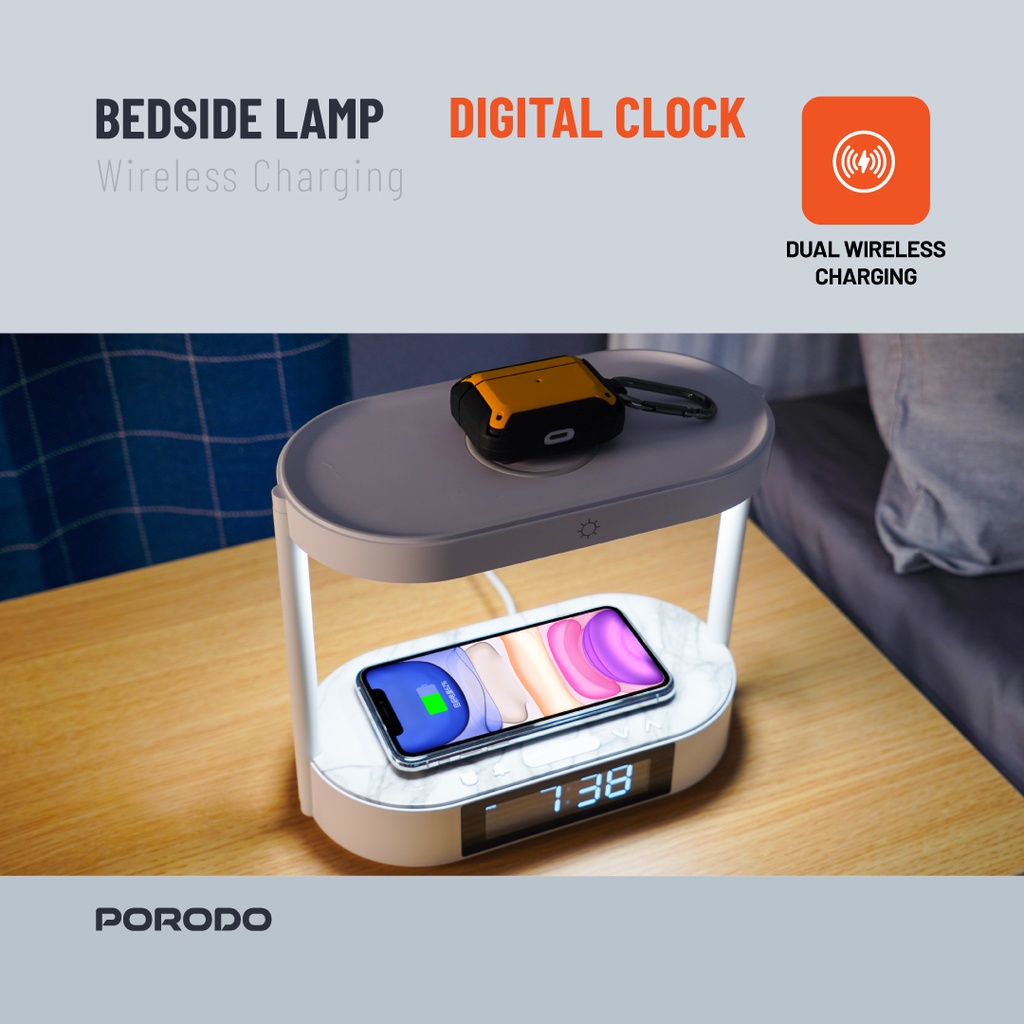 Porodo Bedside Lamp with Wireless Charger and Digital Clock - White
