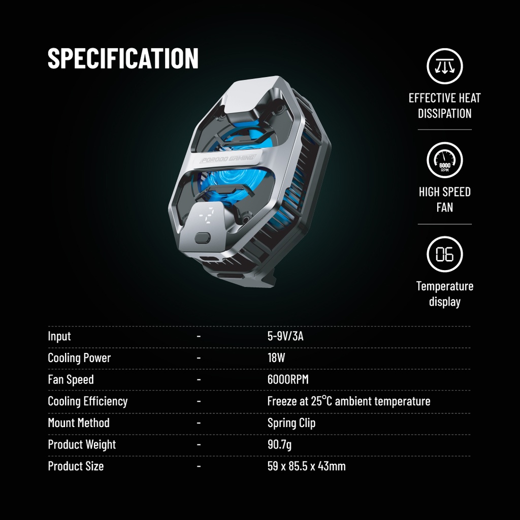 Porodo Gaming Freezing Semiconductor Mobile Cooling and Display - Grey