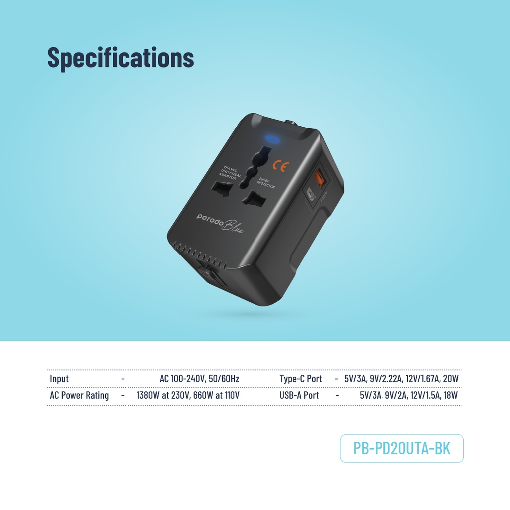 Porodo Blue Dual Port Universal Charger - Black