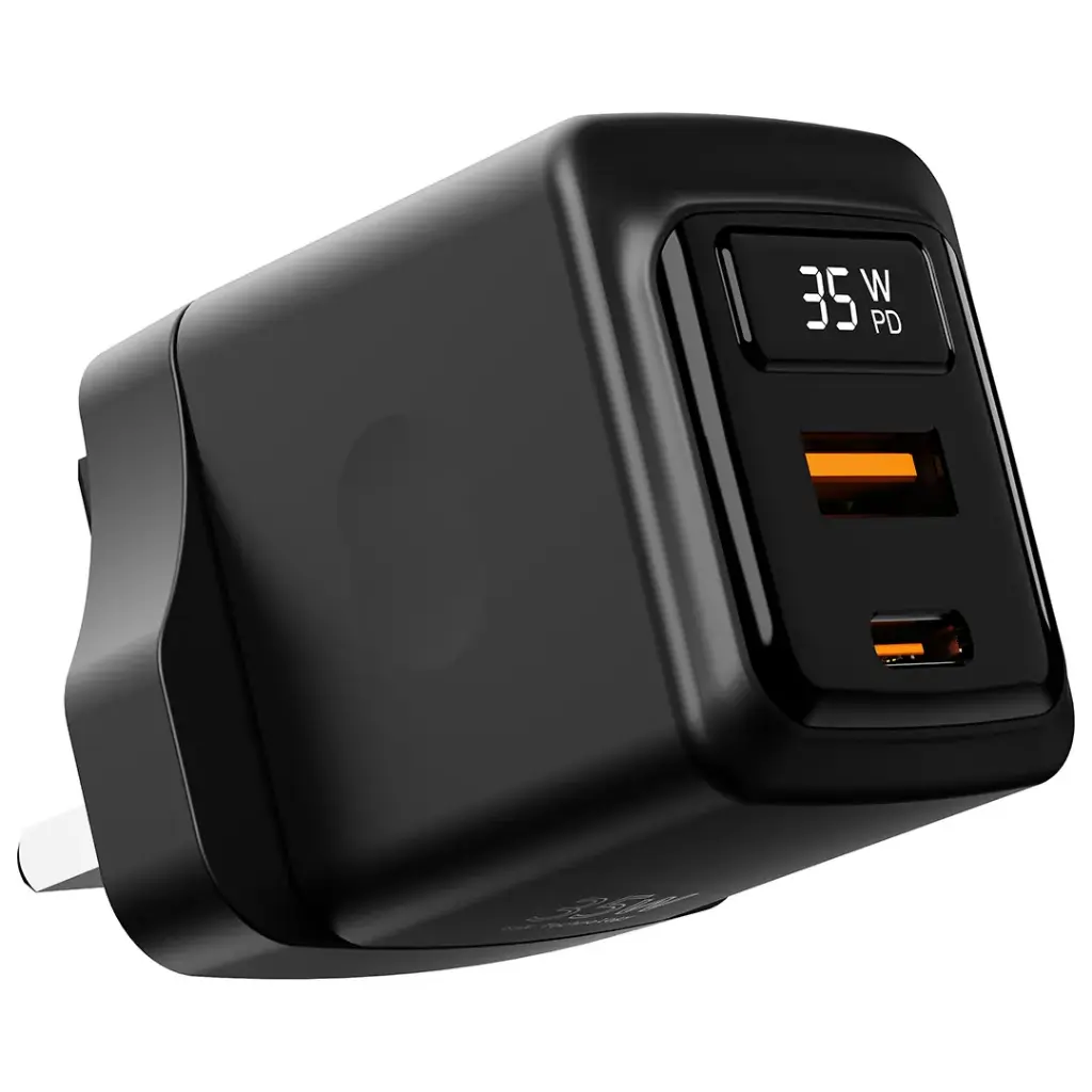 شاحن حائط بورتين بقدرة 35 واط من بورودو GaN مع شاشة عرض للطاقة - أسود