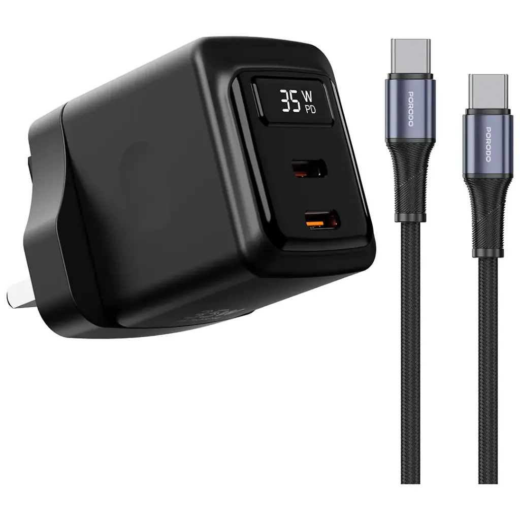 شاحن حائط بوردو GaN 35W مزدوج USB-C مع عرض الطاقة - أسود