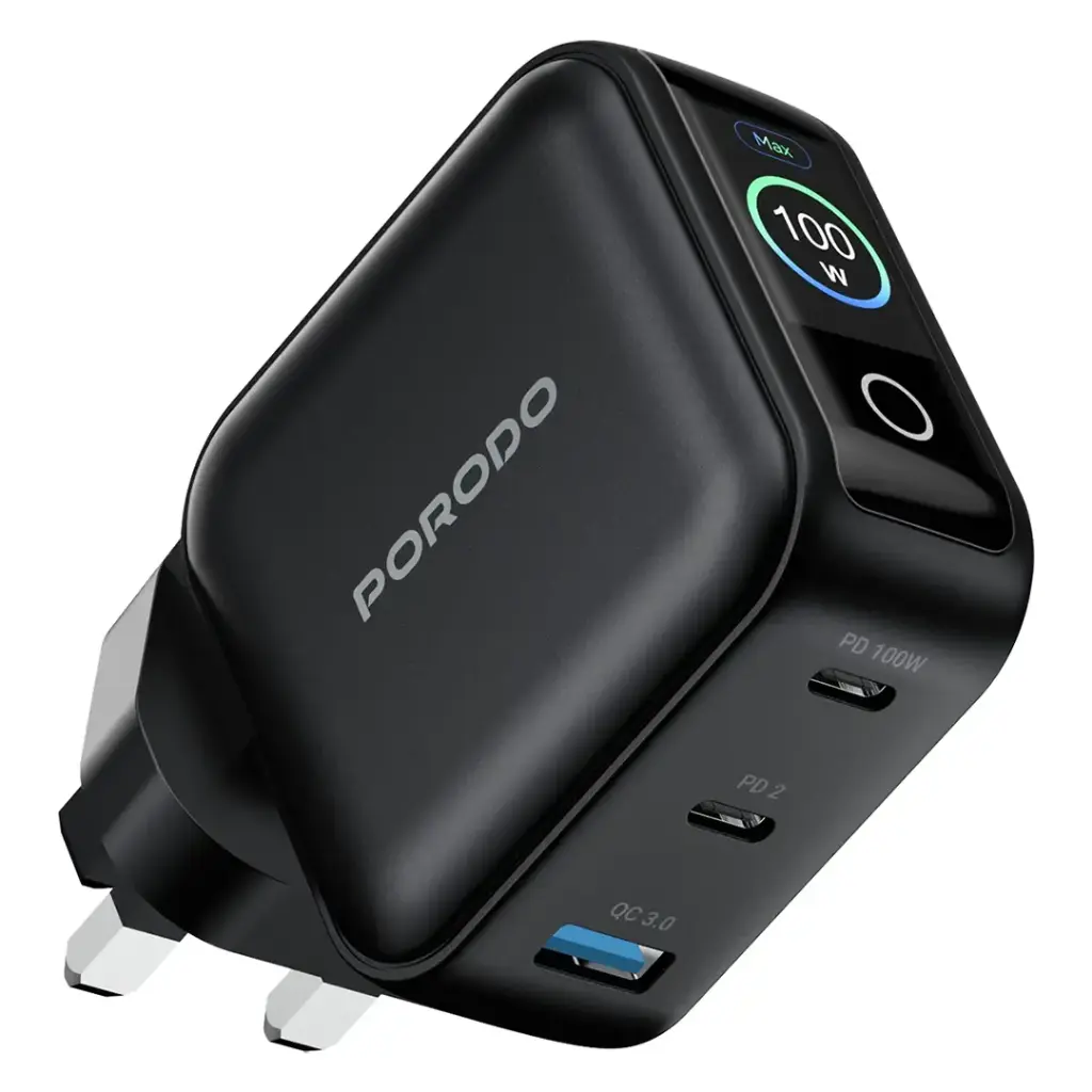 شاحن جداري بورودو نيكورا 100 واط ثلاثي المنافذ مع شاشة LCD – أسود