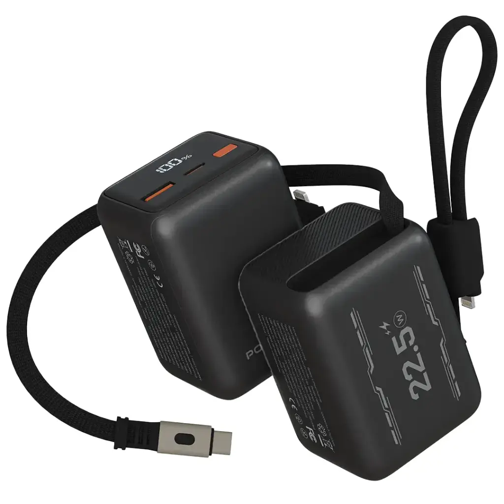 Porodo Voltra 10000mAh Power Bank with Retractable Type-C Cable - Black