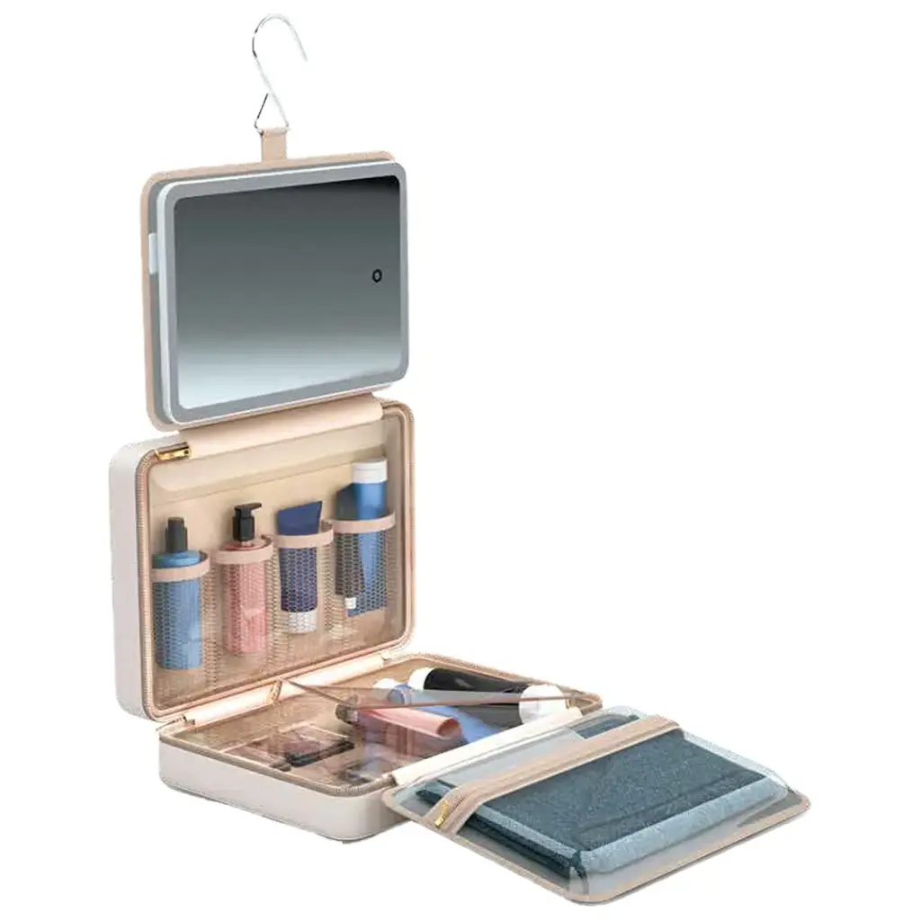 Porodo Travel Makeup Case with Detachable LED Mirror & Hanging Hook - Beige