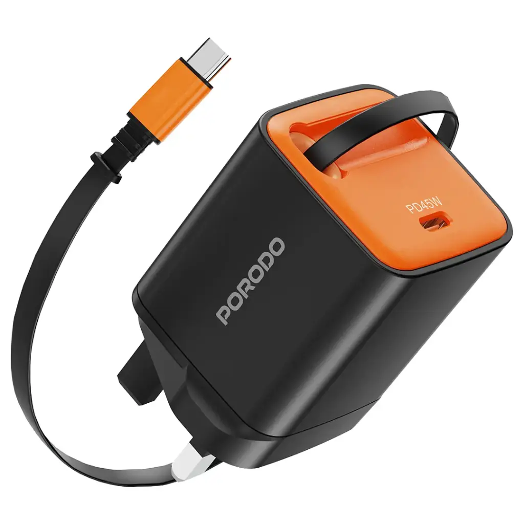 Porodo Tezpatro 45W GaN Charger with USB-C Retractable Cable