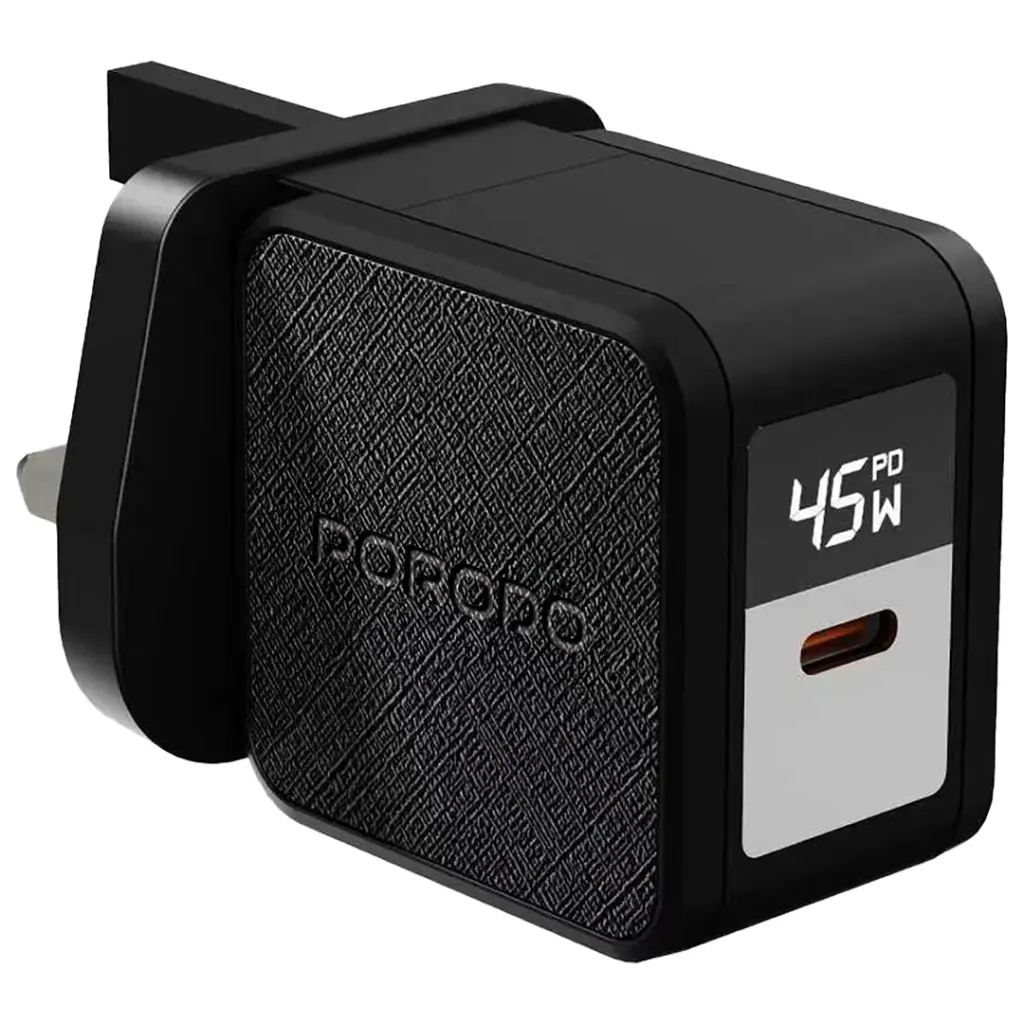 Porodo Quantum GaN 45W USB-C Wall Charger with Digital Display - Black