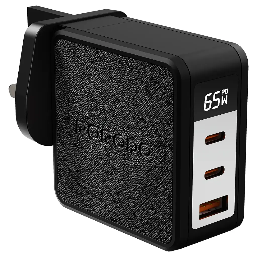 Porodo Quantum GaN 65W Multi-Port Charger with Digital Display - Black