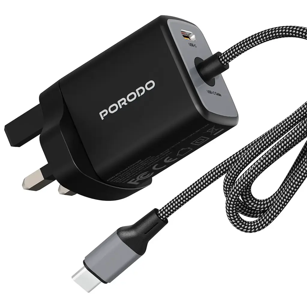 شاحن Porodo Zentrix 45W GaN Fast مع كابل USB-C مضفر بطول 1.5م - أسود