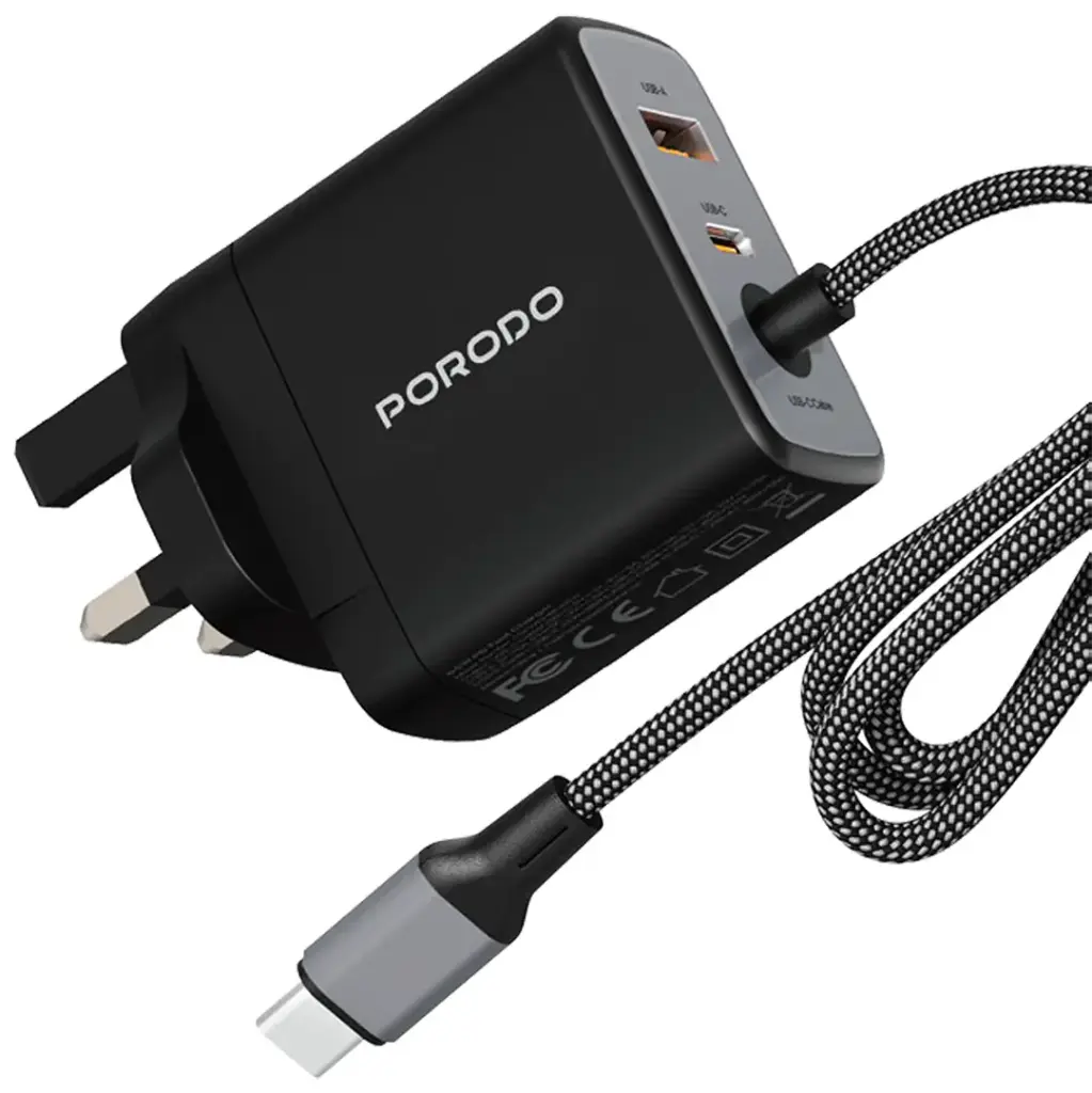 شاحن Porodo Zentrix 65W GaN Fast مع كابل USB-C مضفر بطول 1.5م - أسود