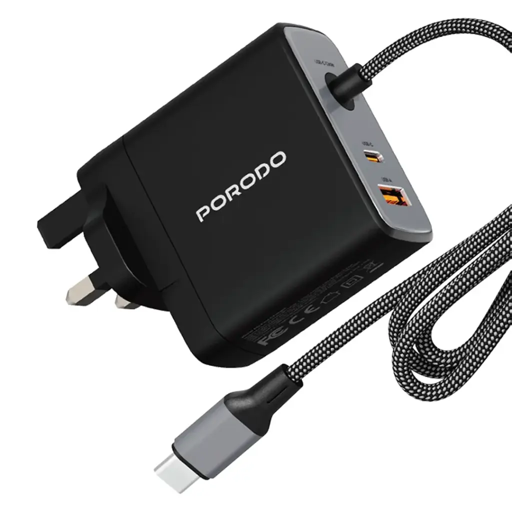 Porodo Zentrix 100W GaN Fast Charger with 1.5m Braided USB-C Cable - Black