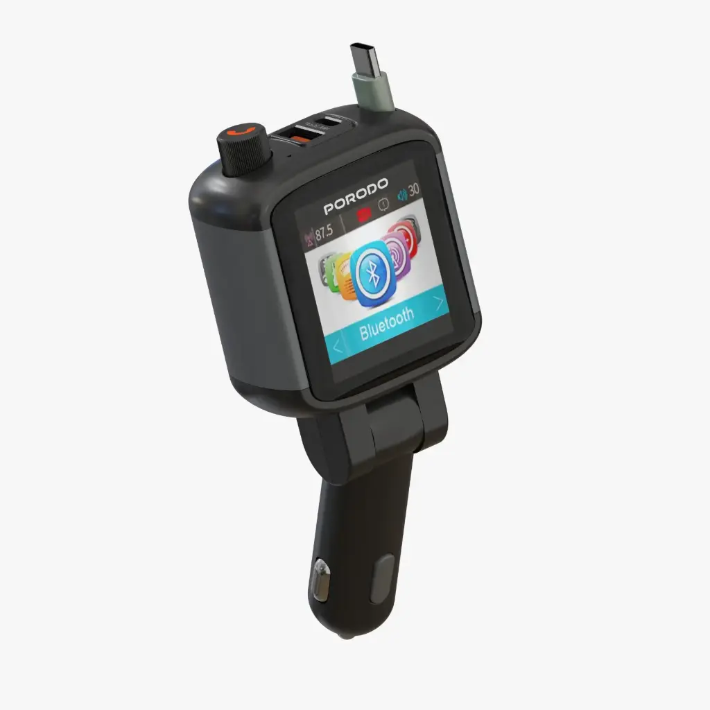 Porodo Voltrush Multi-Port USB Car Charger with TFT Display & Recractable Cable - Black