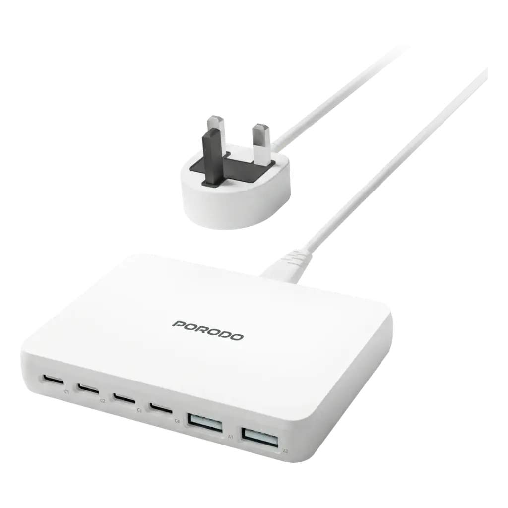 Porodo Velora USB Multi-Port Fast Charger with UK 3-Pin Plug - White