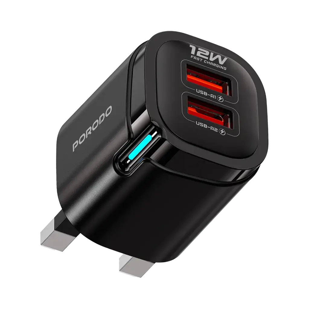 محول جداري Porodo Tekto ثنائي منفذ USB-A بقدرة 12 واط مع قابس بريطاني